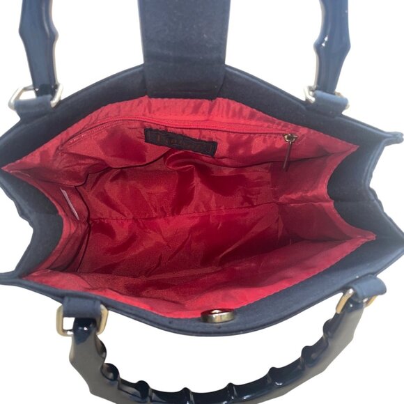 Tianni Women’s Black Christmas Embroidered Gift/Tree Bamboo Handles Handbag Sz S - Picture 5 of 9